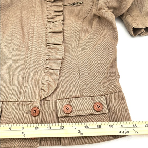 NEW COLE HAAN KHAKI DENIM JACKET DETAILED RUFFLE & ZIPPERED W/ BUTTONS SZ M - Picture 10 of 13